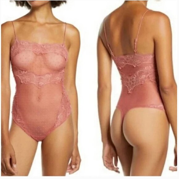 Free People That Sweet Thing Allure Mauve Pink Red Lace Thong Bodysuit XS - Picture 1 of 6